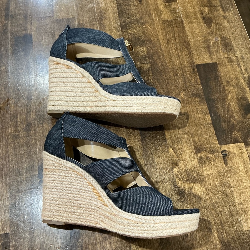 Michael Kors Black Denim Wedges with Gold Zipper - Picture 2 of 9